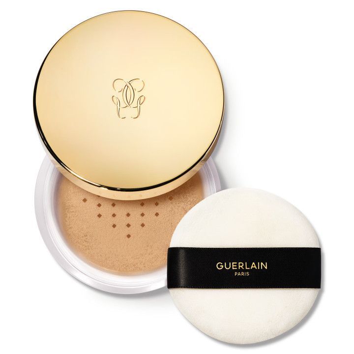 Tarro Guerlain Parure Gold Diamond Micro-Powder con borla de terciopelo y tapa dorada