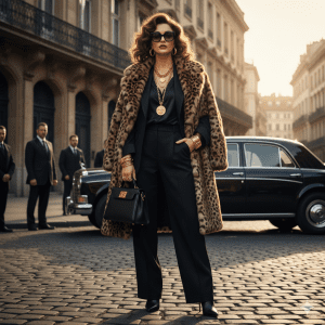 Mujer con estilo completo mob wife en mitad de la calle. acercate al centro de estética bella mapi y consigue tu estilo mob wife en oliva